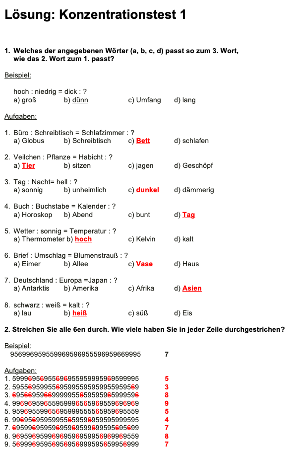Lösung für Konzentrationstest 1
